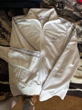 adidas White Track Jacket with Silver Stripe Accents